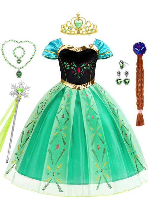 Neeooll Girls' Green Princess Dress Fairy Tale Role Play Christmas Halloween Carnival Birthday Party Costume with Accessories Set Round Neck