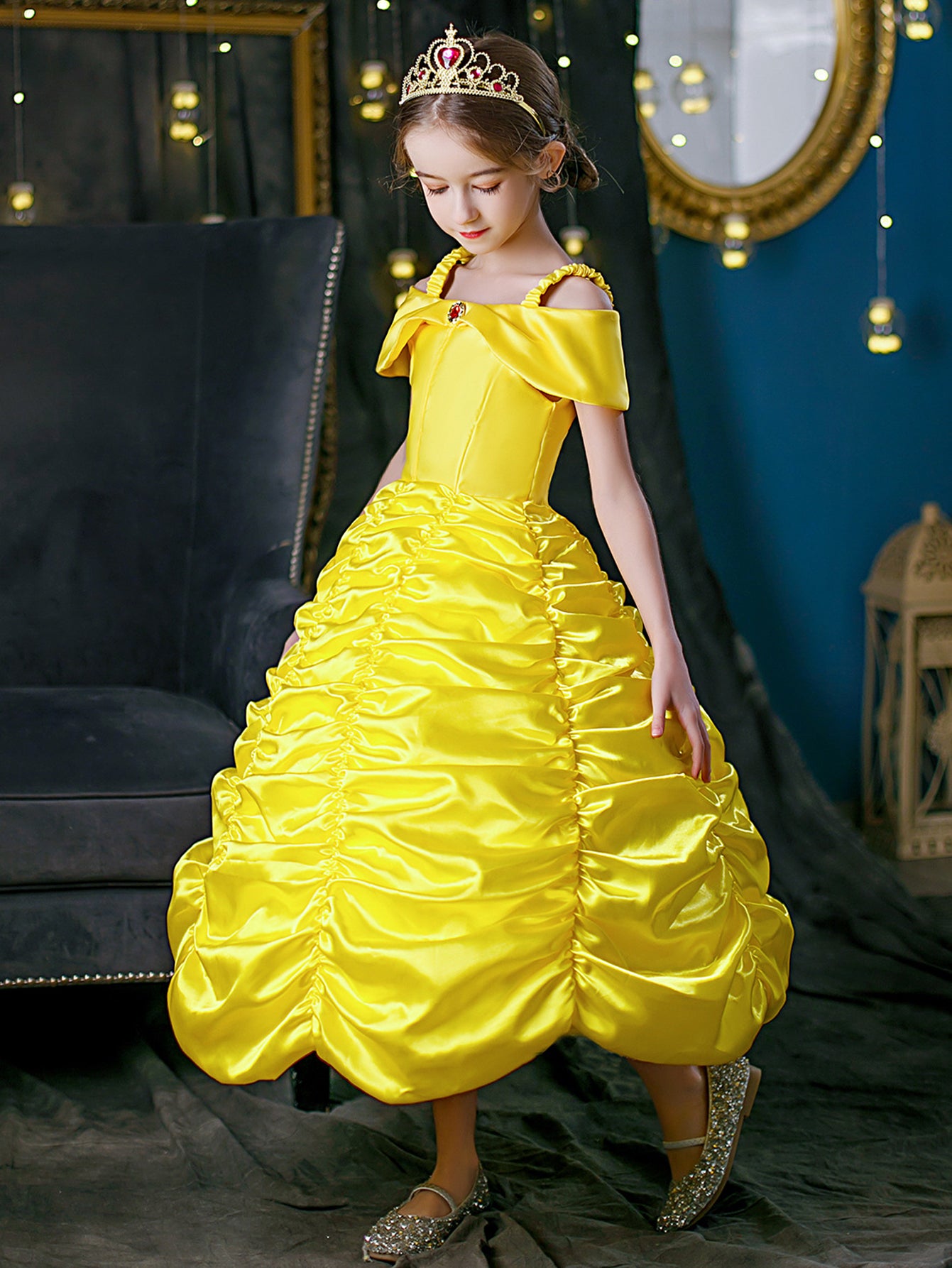 Neeooll Yellow Elegant Princess Dress Costume Set with Crown, Ring, and Necklace Accessories for Carnival, Mardi Gras, Halloween, Christmas, Birthday Party Role Play - Perfect Gift for Girls
