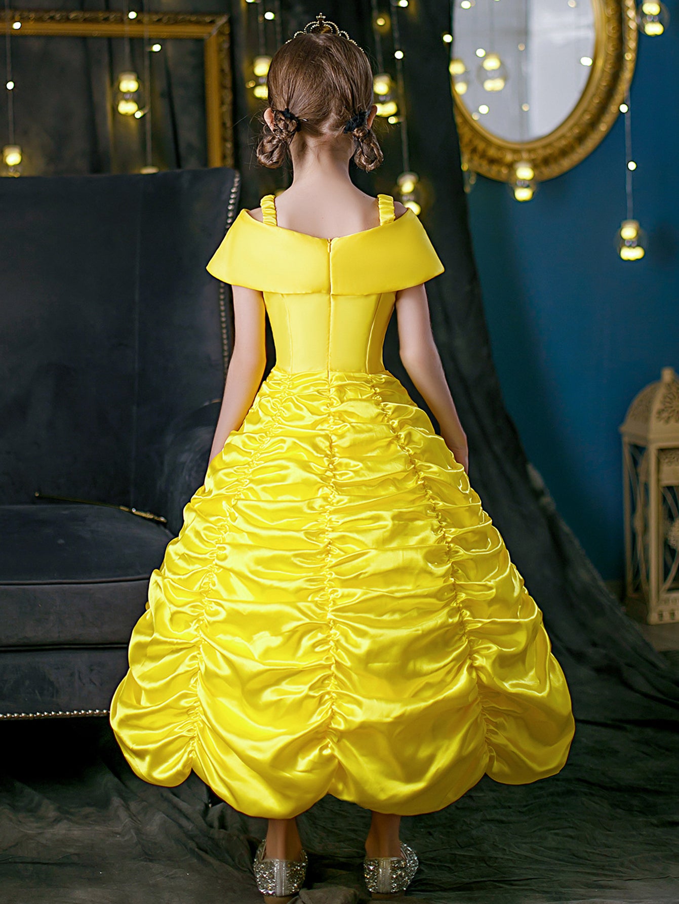 Neeooll Yellow Elegant Princess Dress Costume Set with Crown, Ring, and Necklace Accessories for Carnival, Mardi Gras, Halloween, Christmas, Birthday Party Role Play - Perfect Gift for Girls