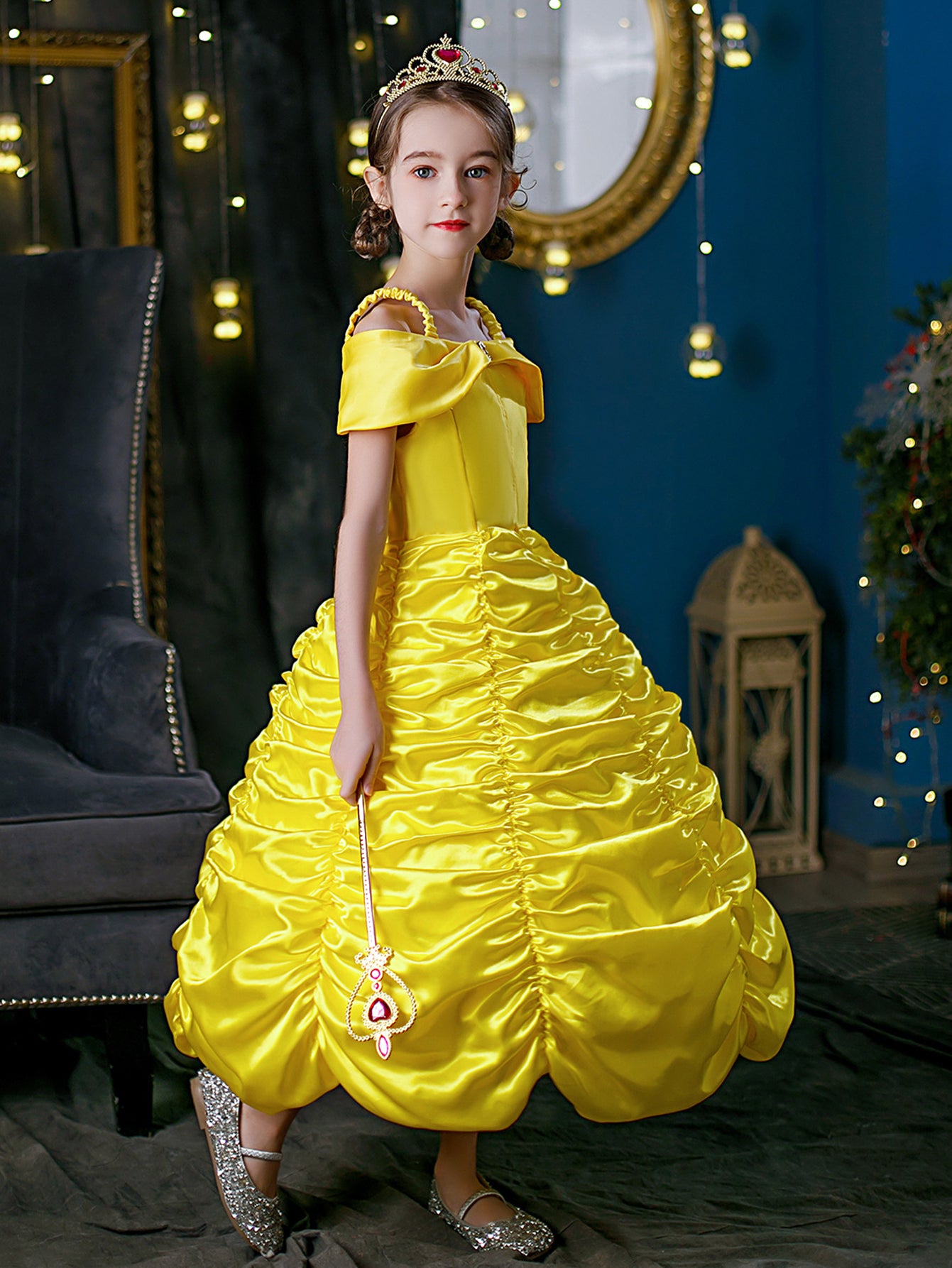 Neeooll Yellow Elegant Princess Dress Costume Set with Crown, Ring, and Necklace Accessories for Carnival, Mardi Gras, Halloween, Christmas, Birthday Party Role Play - Perfect Gift for Girls