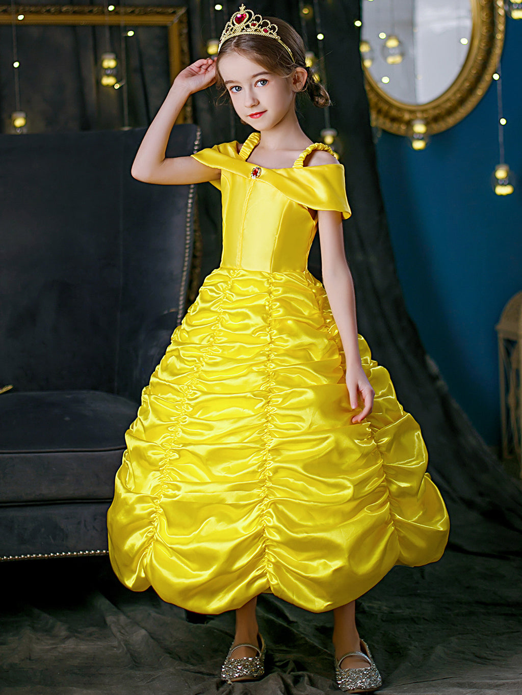 Neeooll Yellow Elegant Princess Dress Costume Set with Crown, Ring, and Necklace Accessories for Carnival, Mardi Gras, Halloween, Christmas, Birthday Party Role Play - Perfect Gift for Girls