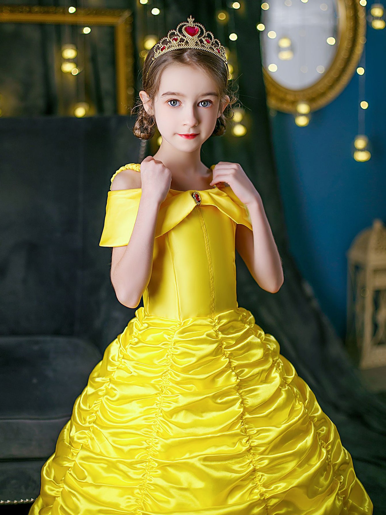Neeooll Yellow Elegant Princess Dress Costume Set with Crown, Ring, and Necklace Accessories for Carnival, Mardi Gras, Halloween, Christmas, Birthday Party Role Play - Perfect Gift for Girls