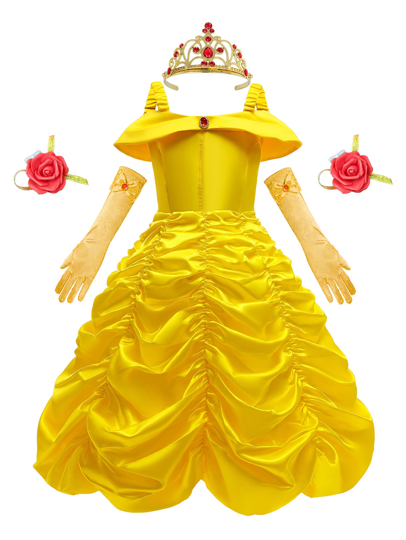 Neeooll Yellow Elegant Princess Dress Costume Set with Crown, Ring, and Necklace Accessories for Carnival, Mardi Gras, Halloween, Christmas, Birthday Party Role Play - Perfect Gift for Girls
