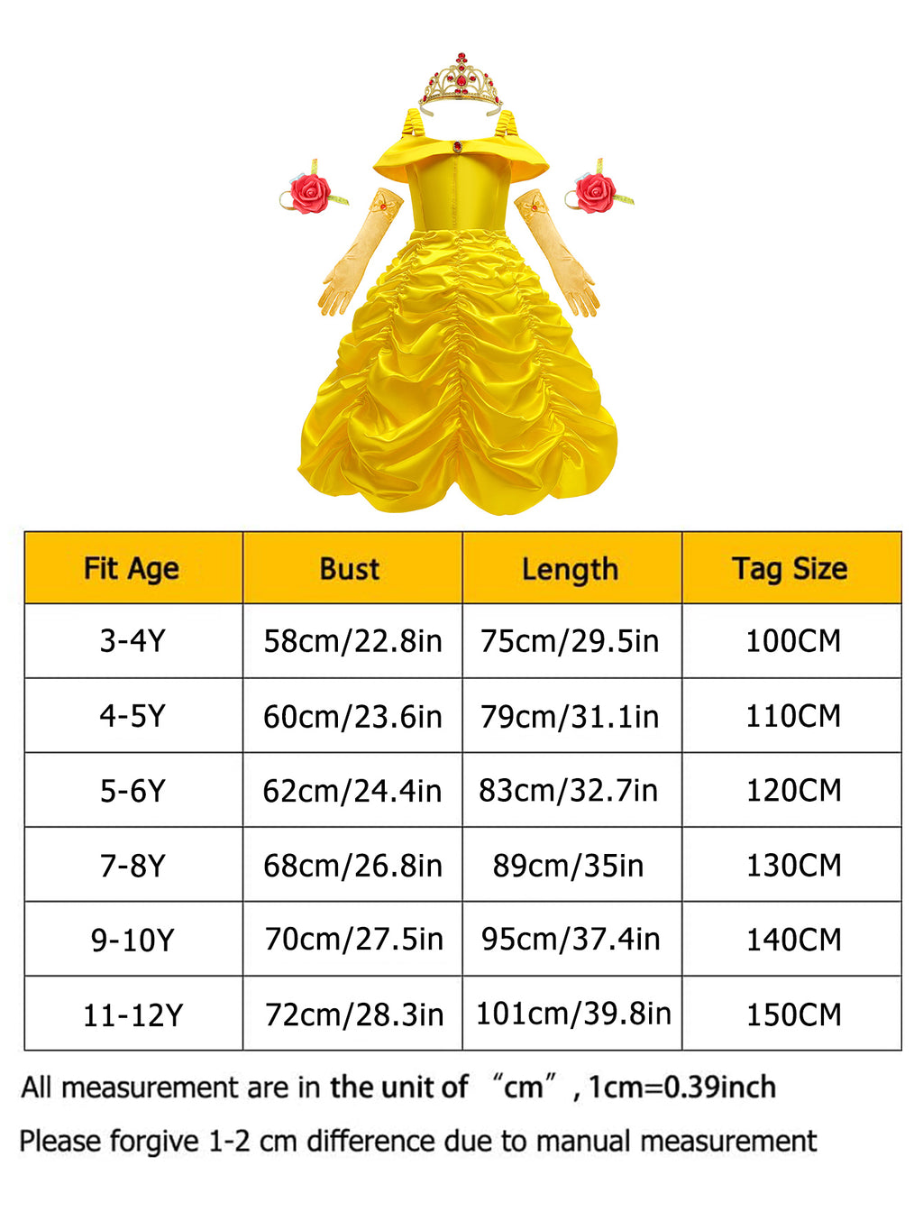 Neeooll Yellow Elegant Princess Dress Costume Set with Crown, Ring, and Necklace Accessories for Carnival, Mardi Gras, Halloween, Christmas, Birthday Party Role Play - Perfect Gift for Girls