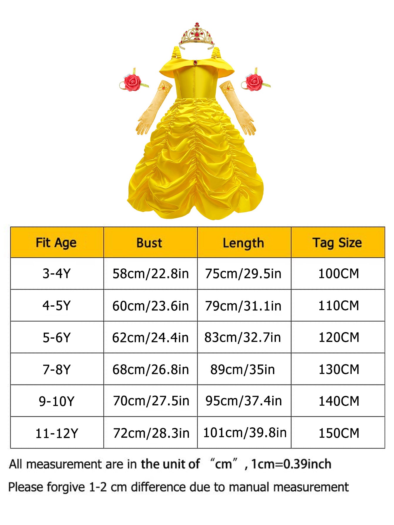 Neeooll Yellow Elegant Princess Dress Costume Set with Crown, Ring, and Necklace Accessories for Carnival, Mardi Gras, Halloween, Christmas, Birthday Party Role Play - Perfect Gift for Girls