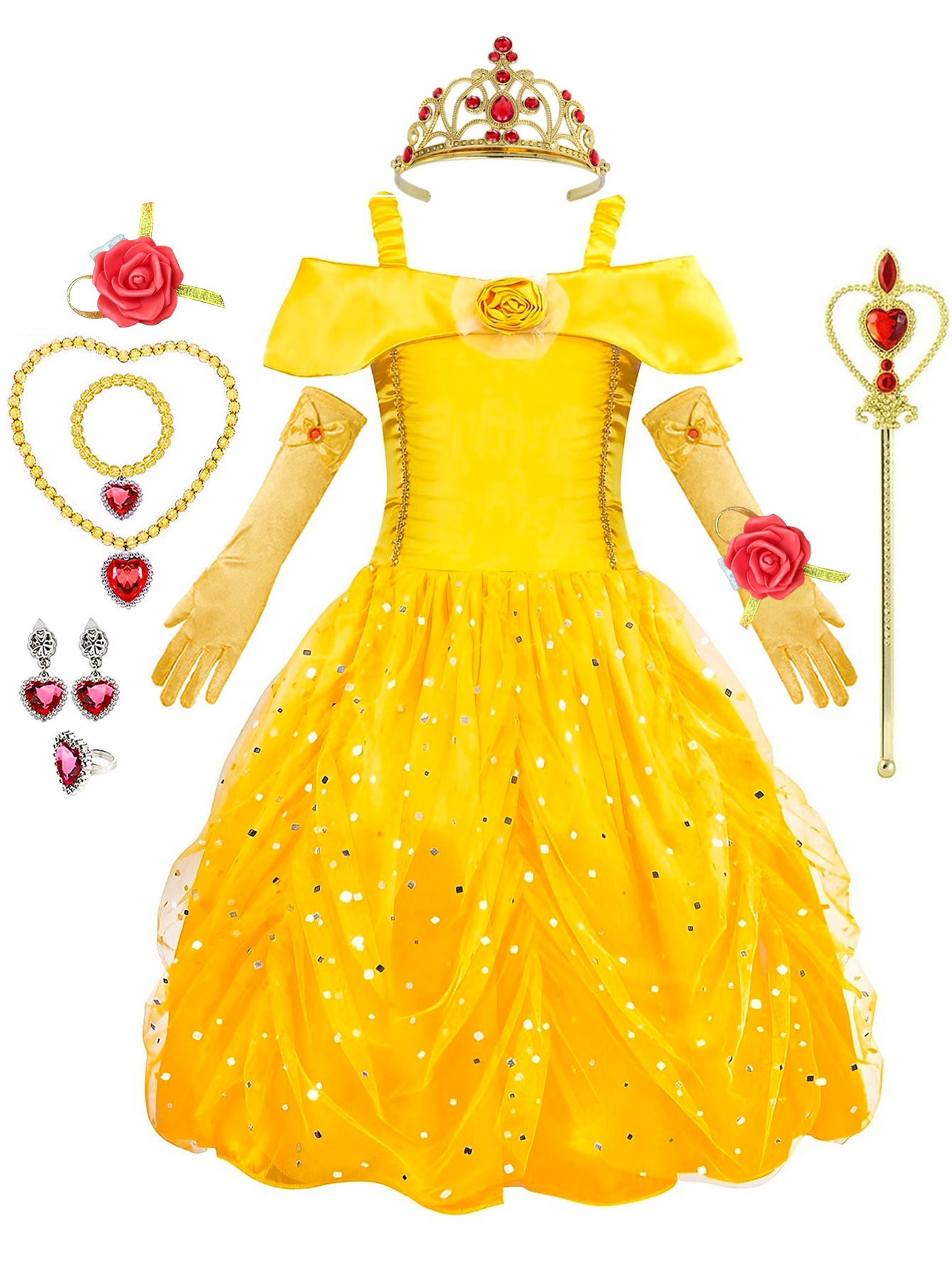 Neeooll Girls' Yellow Princess Dress with Crown Accessory Set for Christmas, Halloween, Birthday Parties, Carnival, Mardi Gras, and Costume Events, Best for Christmas