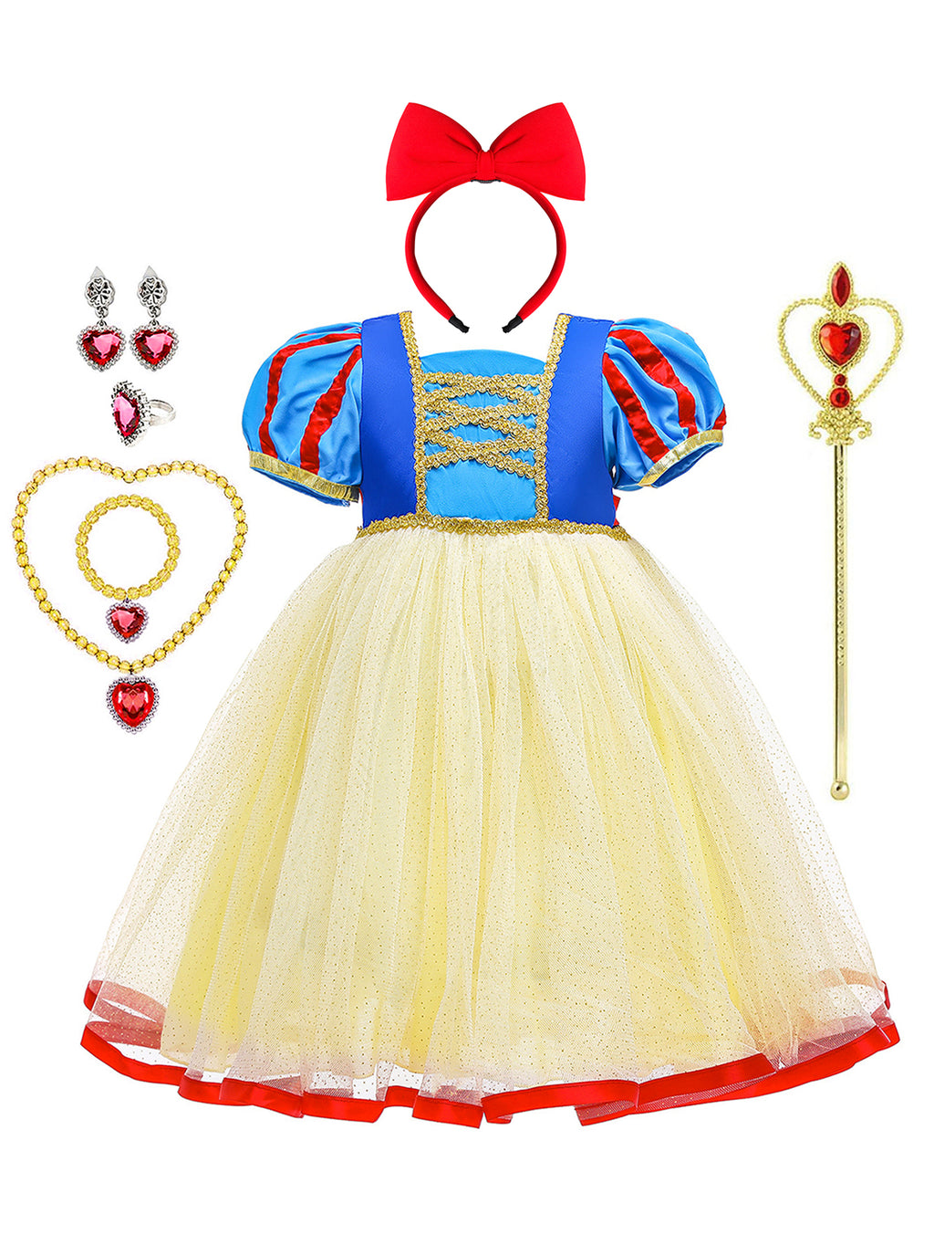 Neeooll Girls Fairy Tale Princess Dress Costume Set with Crown, Necklace, Ring for Halloween, Christmas Party, Birthday Gift