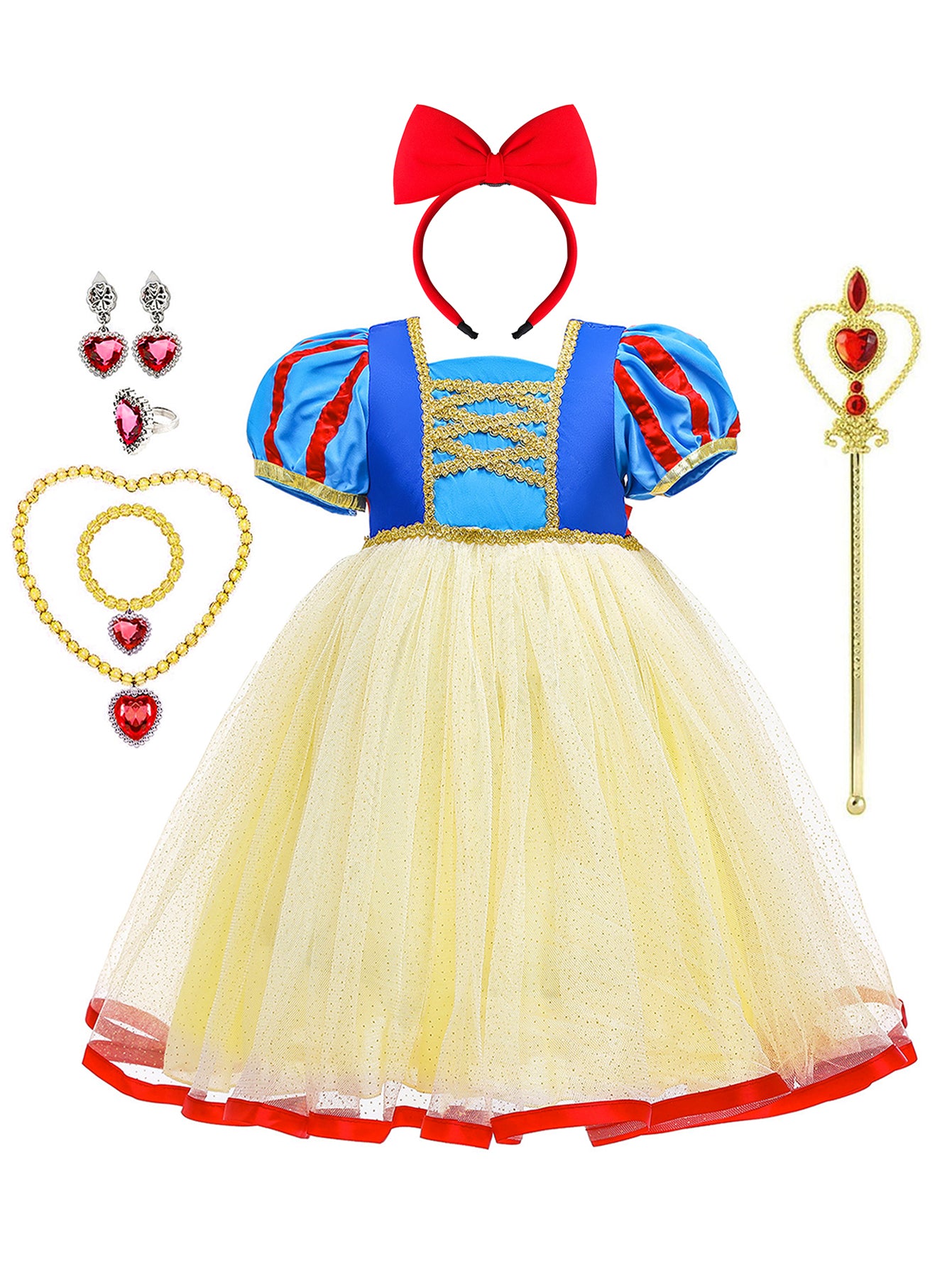 Neeooll Girls Fairy Tale Princess Dress Costume Set with Crown, Necklace, Ring for Halloween, Christmas Party, Birthday Gift