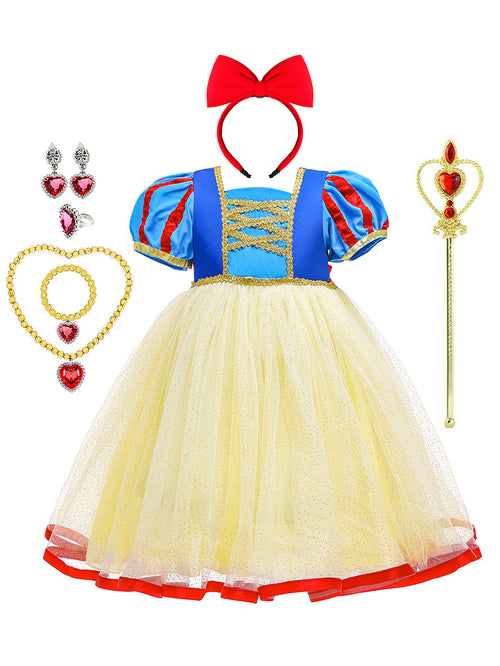 Neeooll Girls Fairy Tale Princess Dress Costume Set with Crown, Necklace, Ring for Halloween, Christmas Party, Birthday Gift