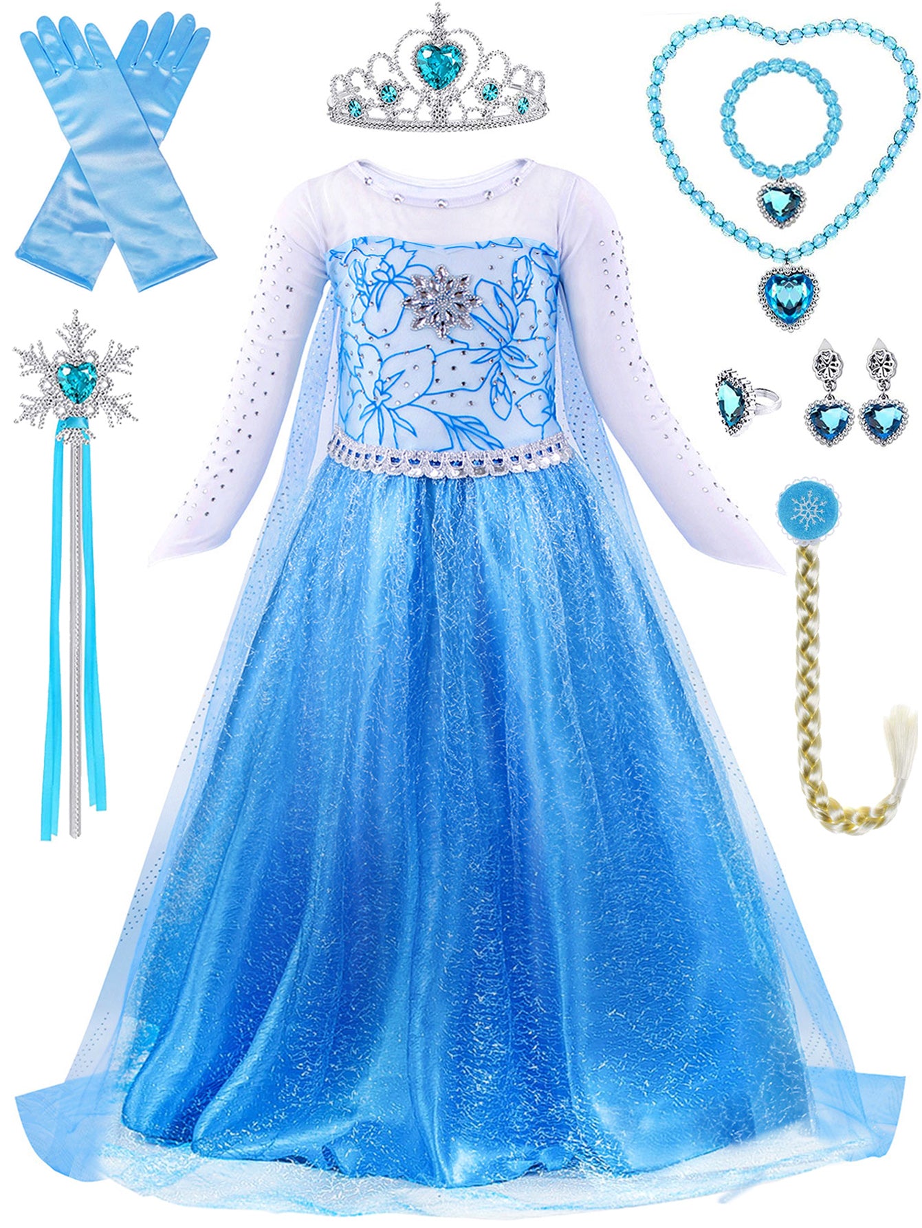 Neeooll Girls' Blue Princess Dress Fairy Tale Role Play Christmas Halloween Carnival Birthday Party Costume with Accessories Set
