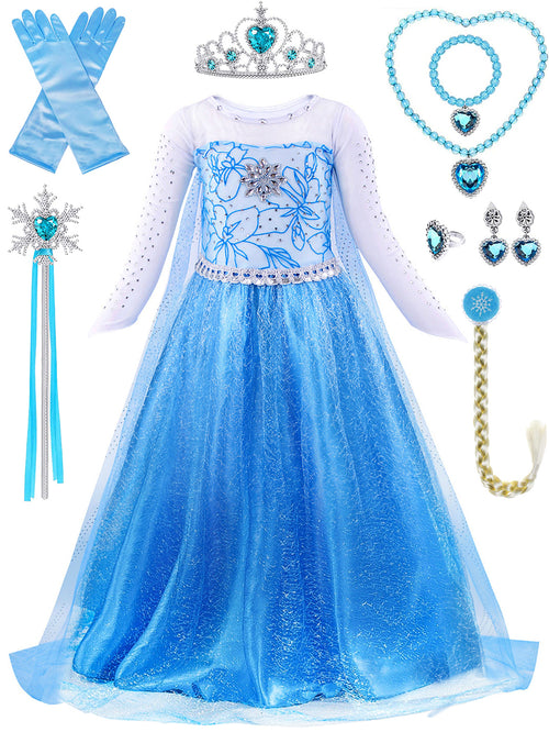 Neeooll Girls' Blue Princess Dress Fairy Tale Role Play Christmas Halloween Carnival Birthday Party Costume with Accessories Set