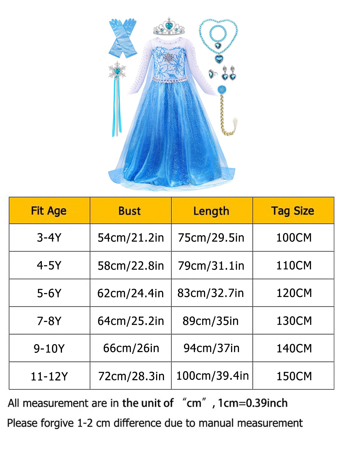 Neeooll Girls' Blue Princess Dress Fairy Tale Role Play Christmas Halloween Carnival Birthday Party Costume with Accessories Set
