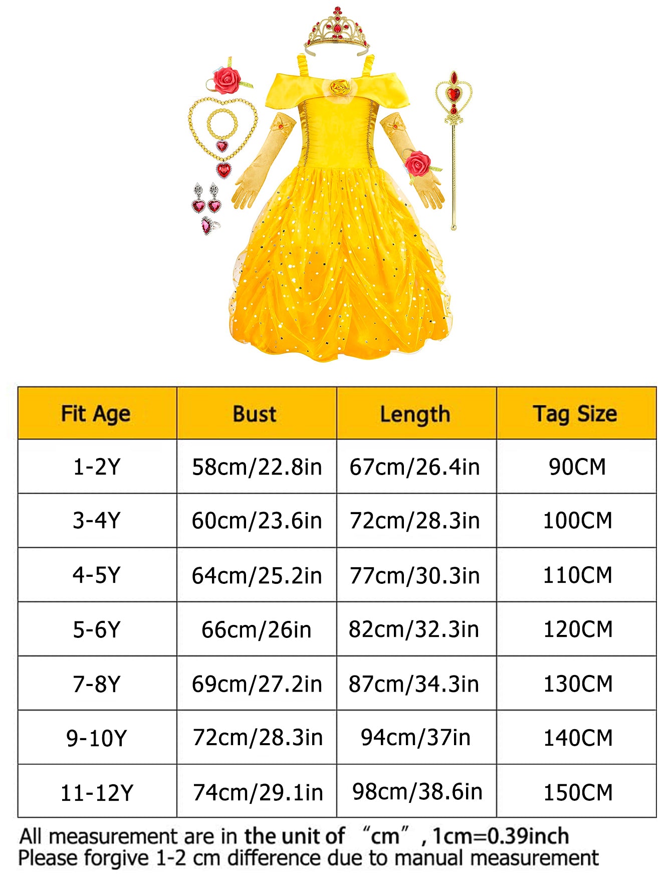Neeooll Girls' Yellow Princess Dress with Crown Accessory Set for Christmas, Halloween, Birthday Parties, Carnival, Mardi Gras, and Costume Events, Best for Christmas